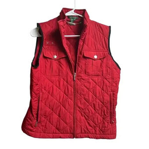 Lauren Ralph Lauren Puffer Vest Women's Dark Red Quilted Snap Pockets Medium